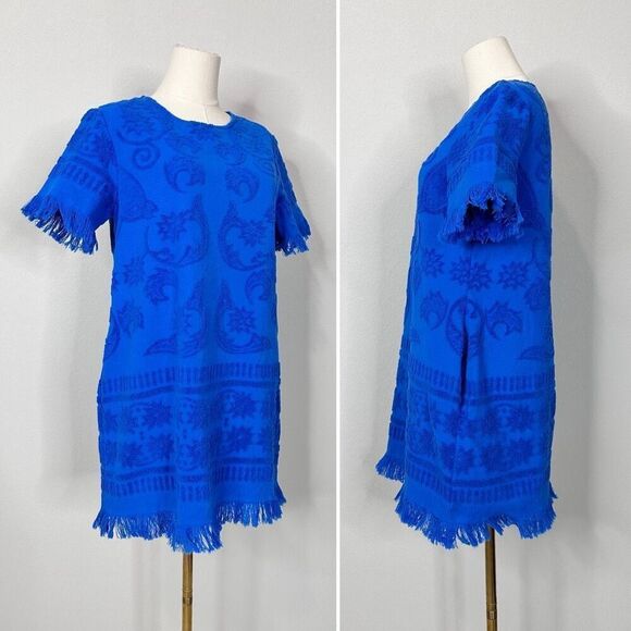 Lucy Folk Towelling Mini Dress Size S Blue Fringe Boho Preppy Vacation Resort - Picture 5 of 12